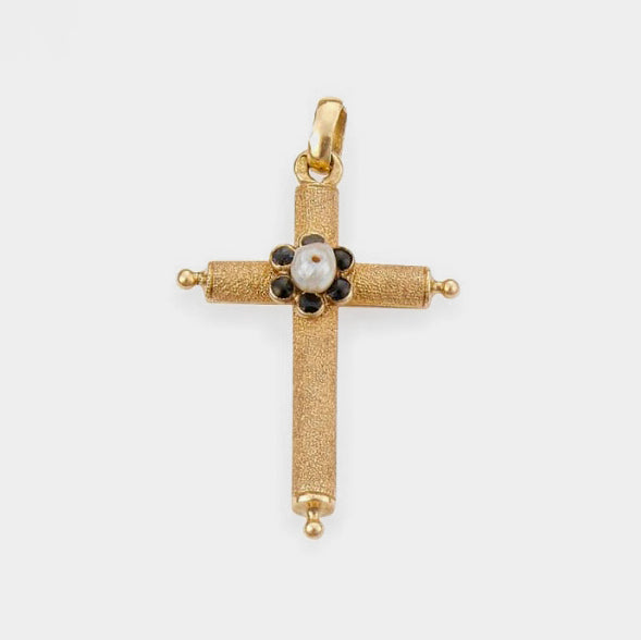 Pendentif Croix en or jaune, perle et émail