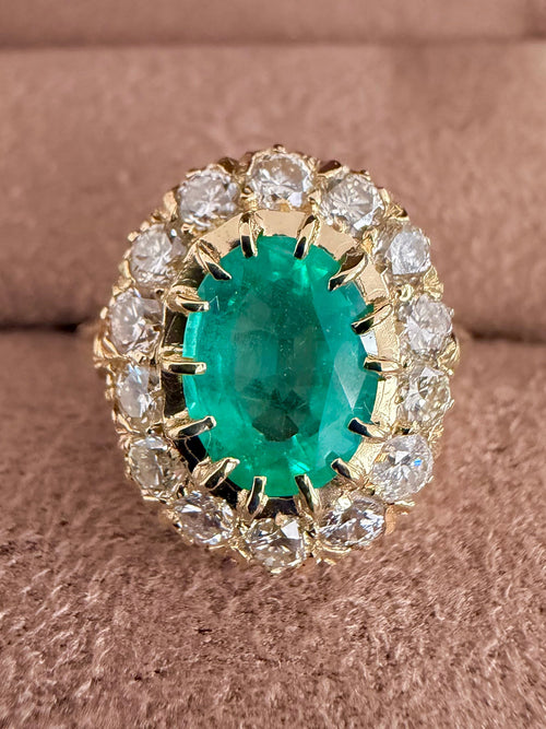 « Garance » Bague Pompadour en or jaune, émeraude et diamants
