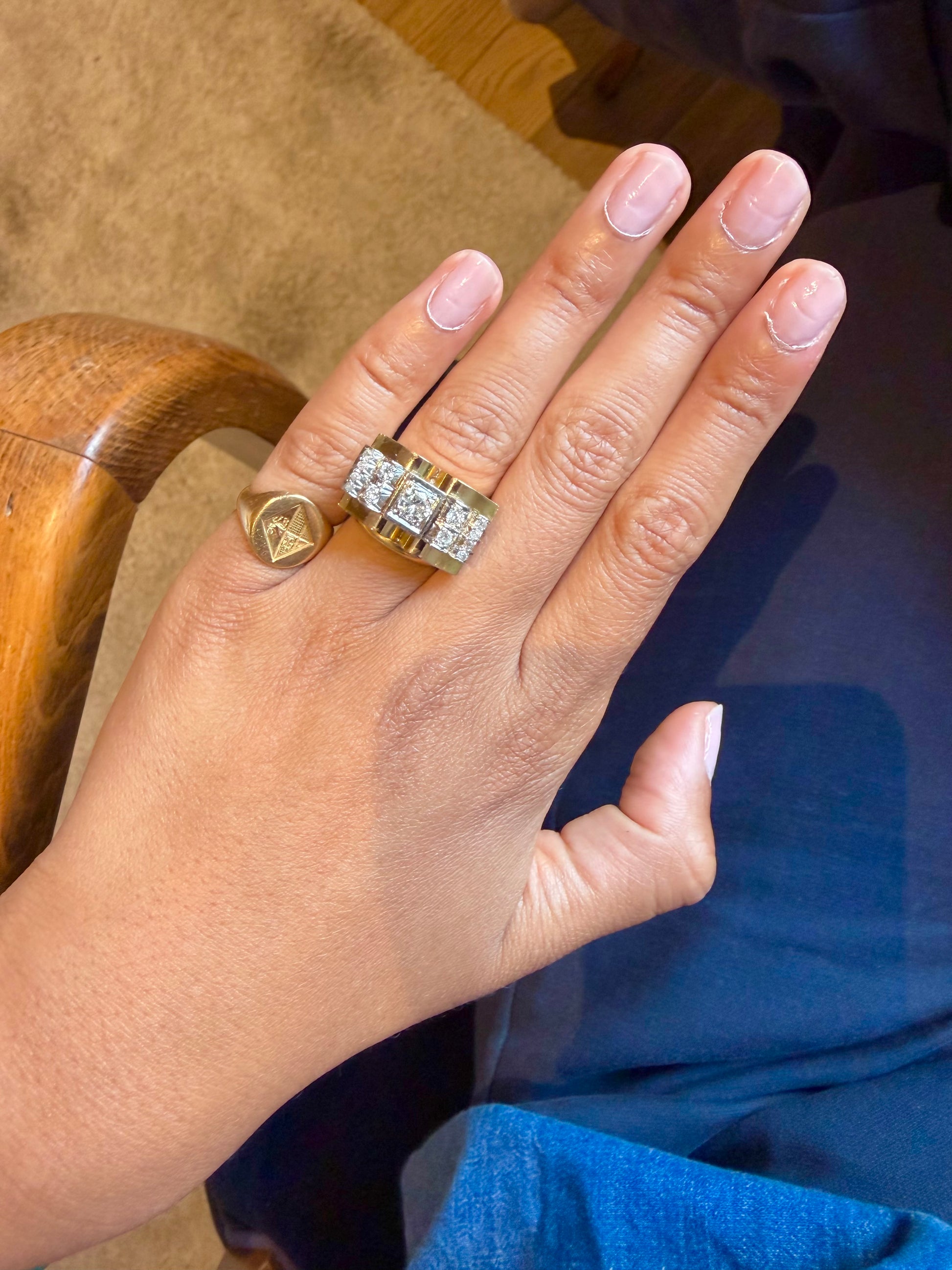 "Maxime" Bague Tank en or jaune, platine et diamants
