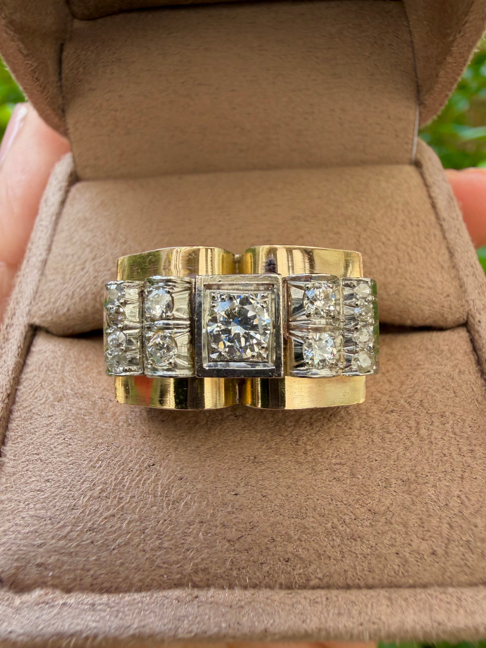 "Maxime" Bague Tank en or jaune, platine et diamants