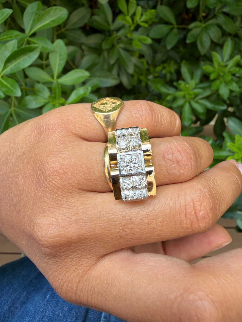 "Maxime" Bague Tank en or jaune, platine et diamants