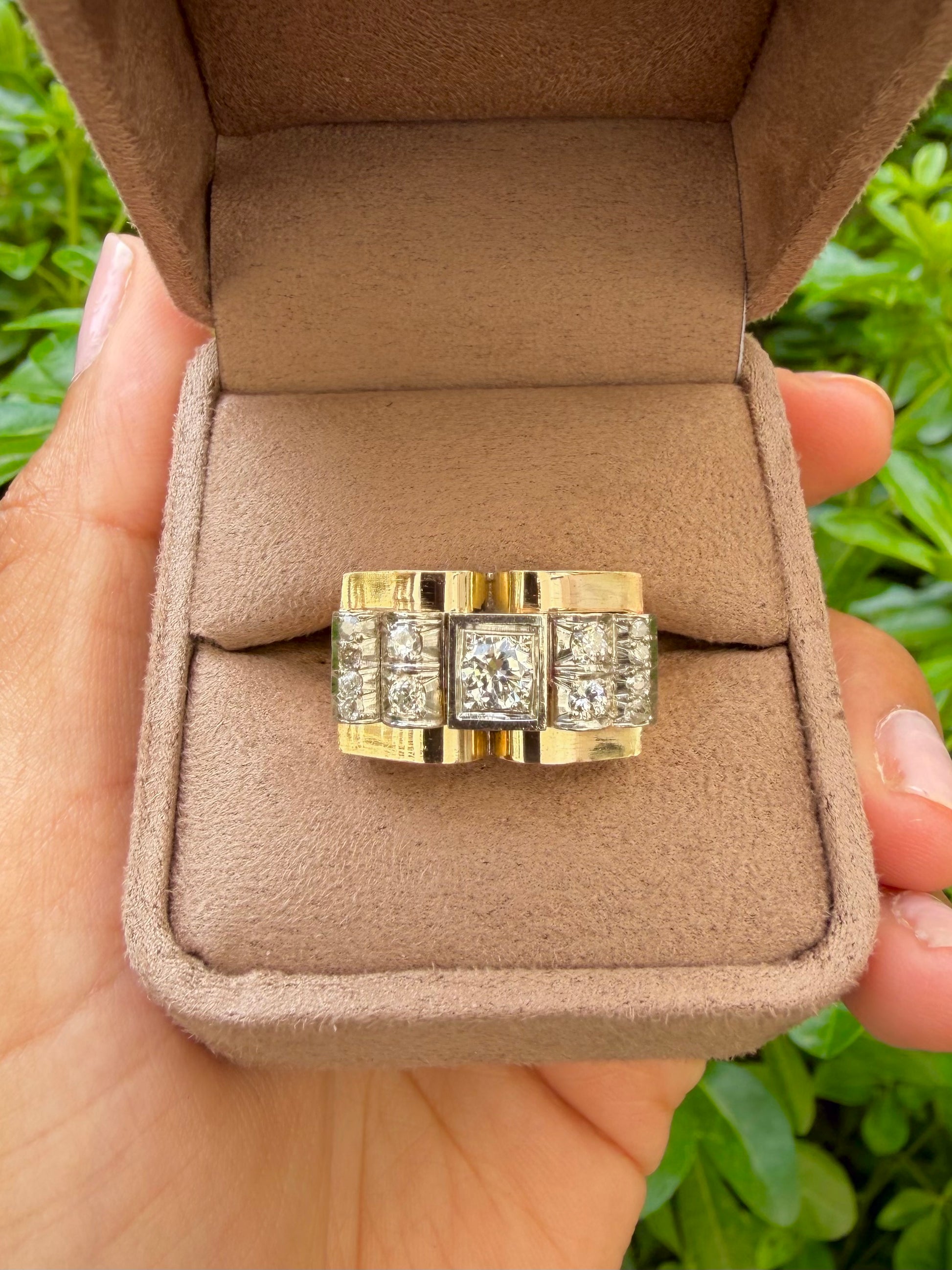 "Maxime" Bague Tank en or jaune, platine et diamants