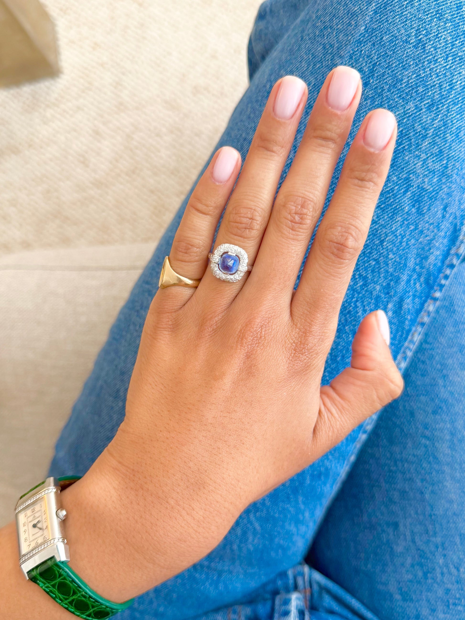 "Blanche" Bague Art déco en platine, saphir et diamants