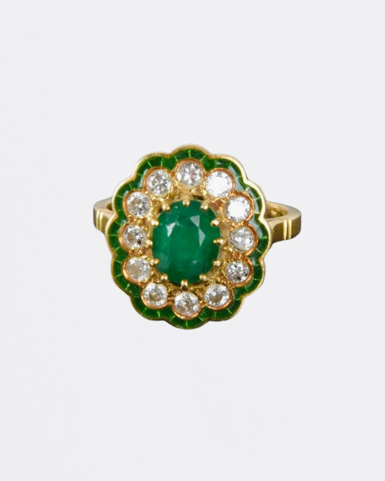 « Armelle» Bague Marguerite en or jaune, émeraude et diamants