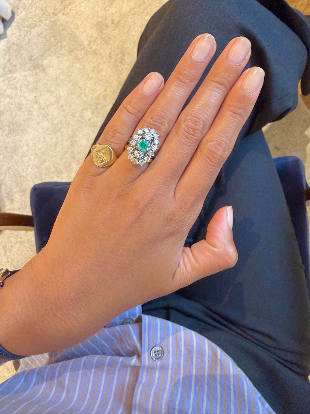 "Louison" Bague Marquise en platine émeraude  et diamants
