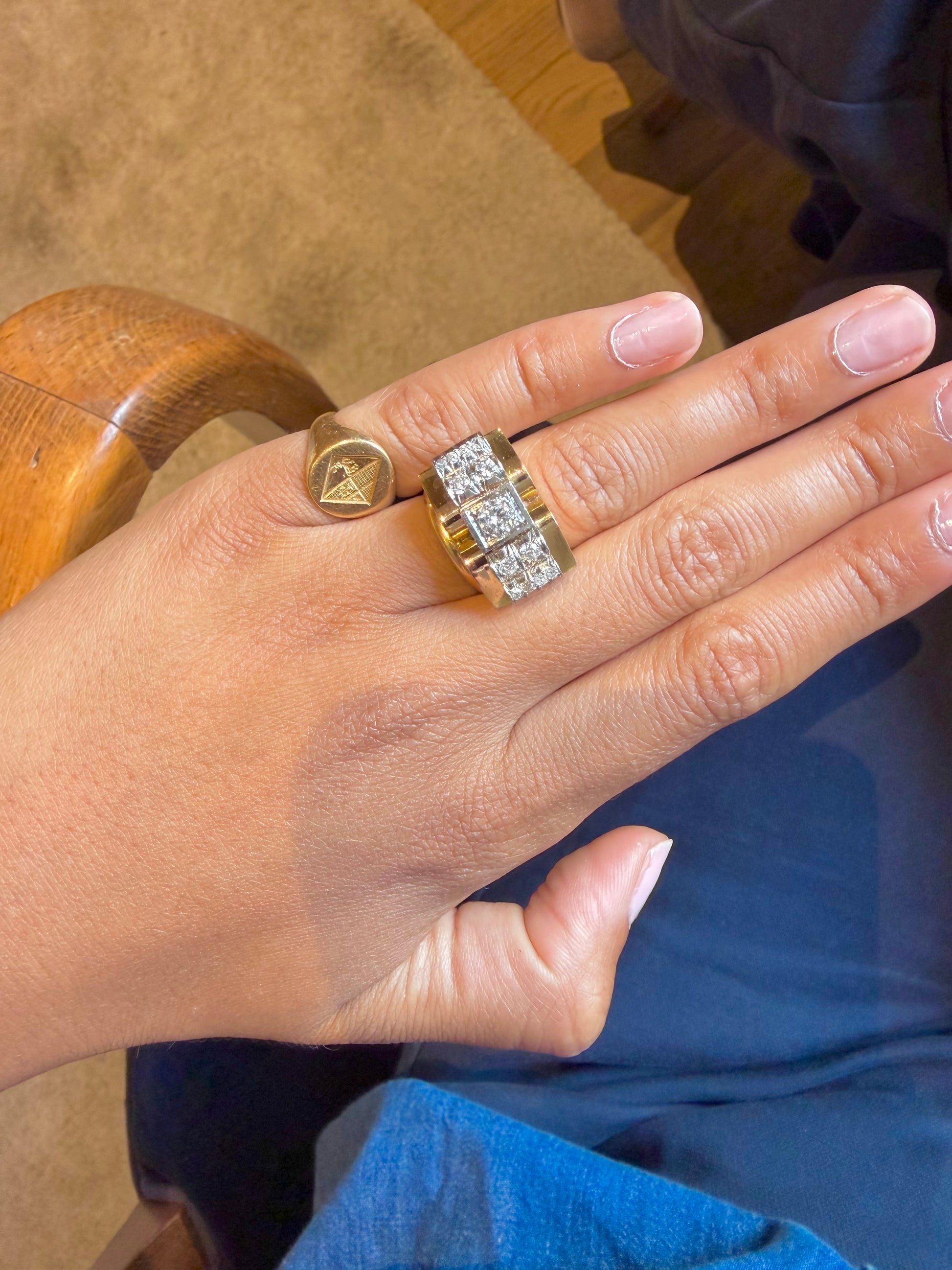 "Maxime" Bague Tank en or jaune, platine et diamants