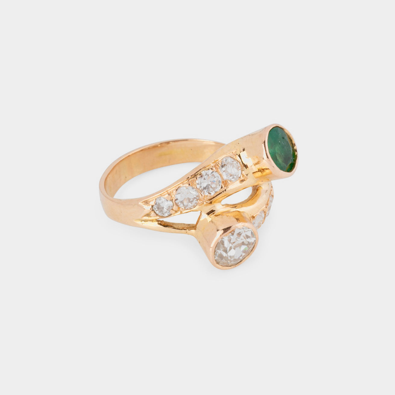 Bague Toi et moi en or jaune, émeraude et diamants
