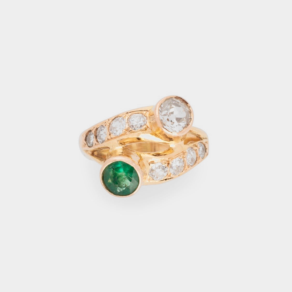 Bague Toi et moi en or jaune, émeraude et diamants