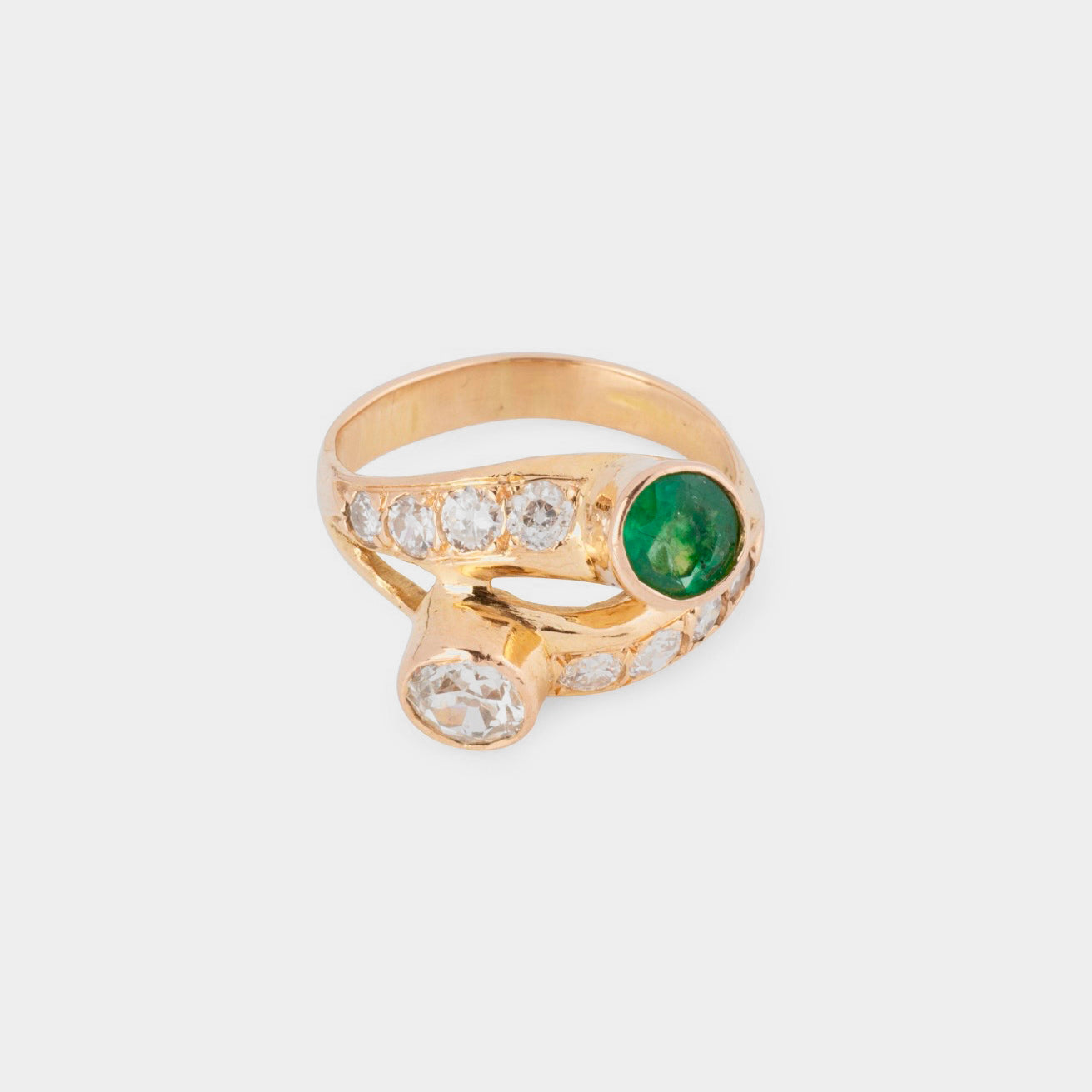 Bague Toi et moi en or jaune, émeraude et diamants