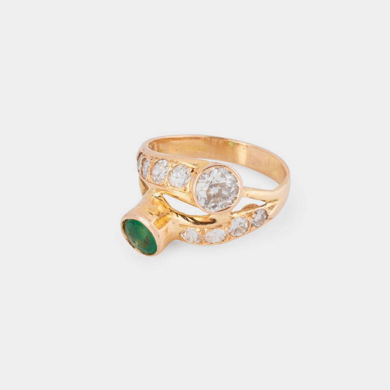Bague Toi et moi en or jaune, émeraude et diamants