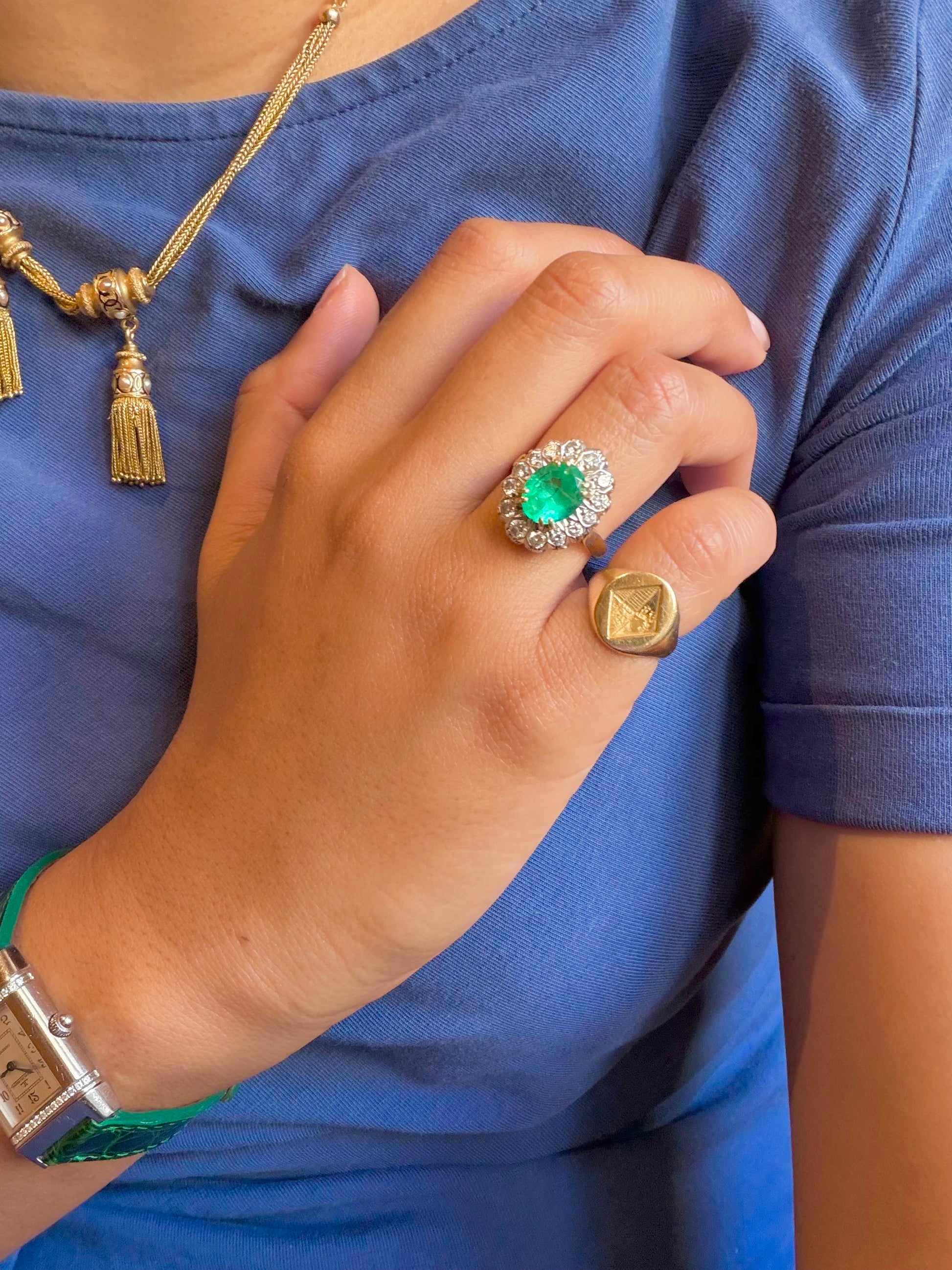 "Madeleine" Bague Marguerite en or jaune, platine émeraude et diamants