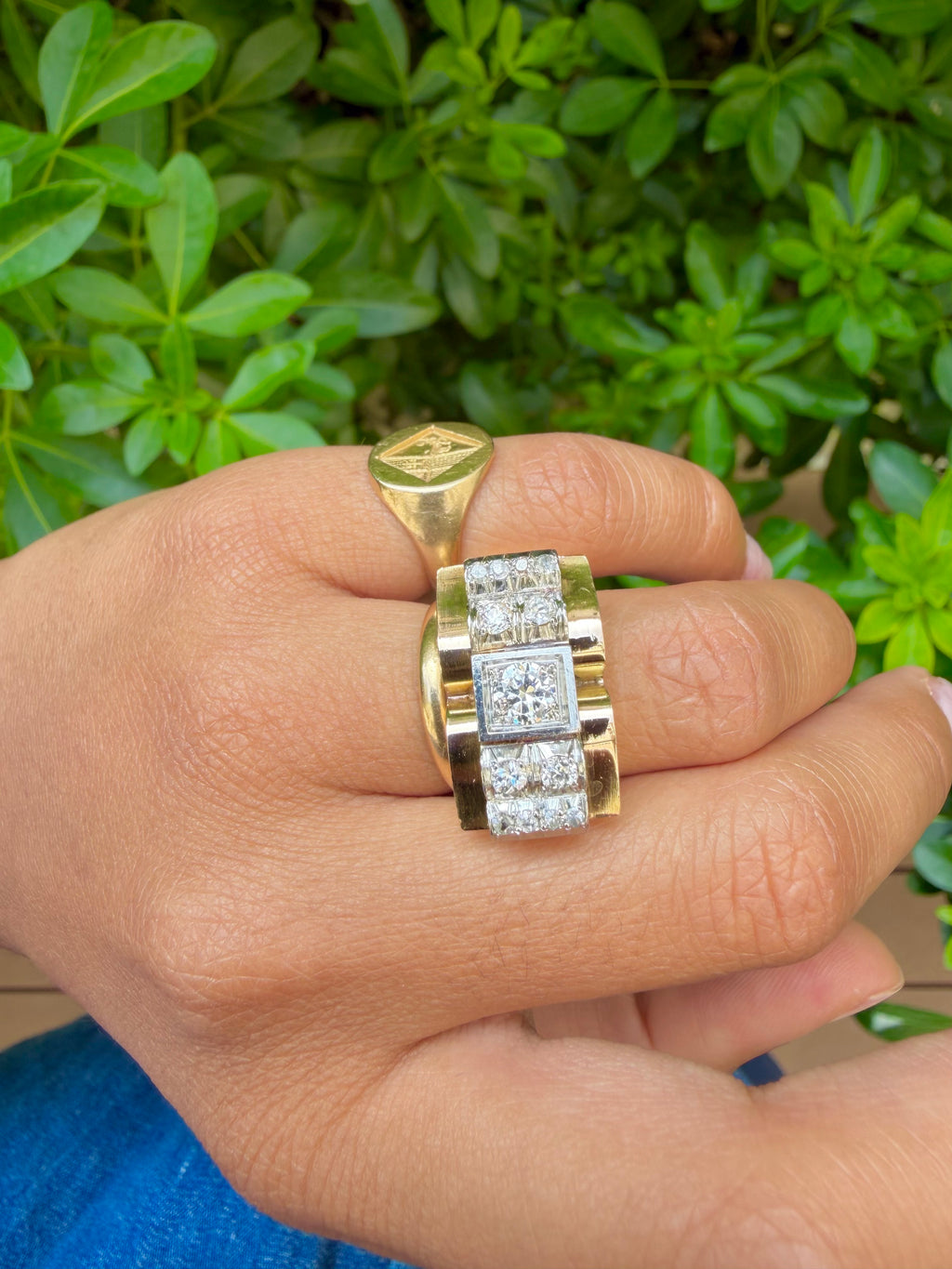 "Maxime" Bague Tank en or jaune, platine et diamants