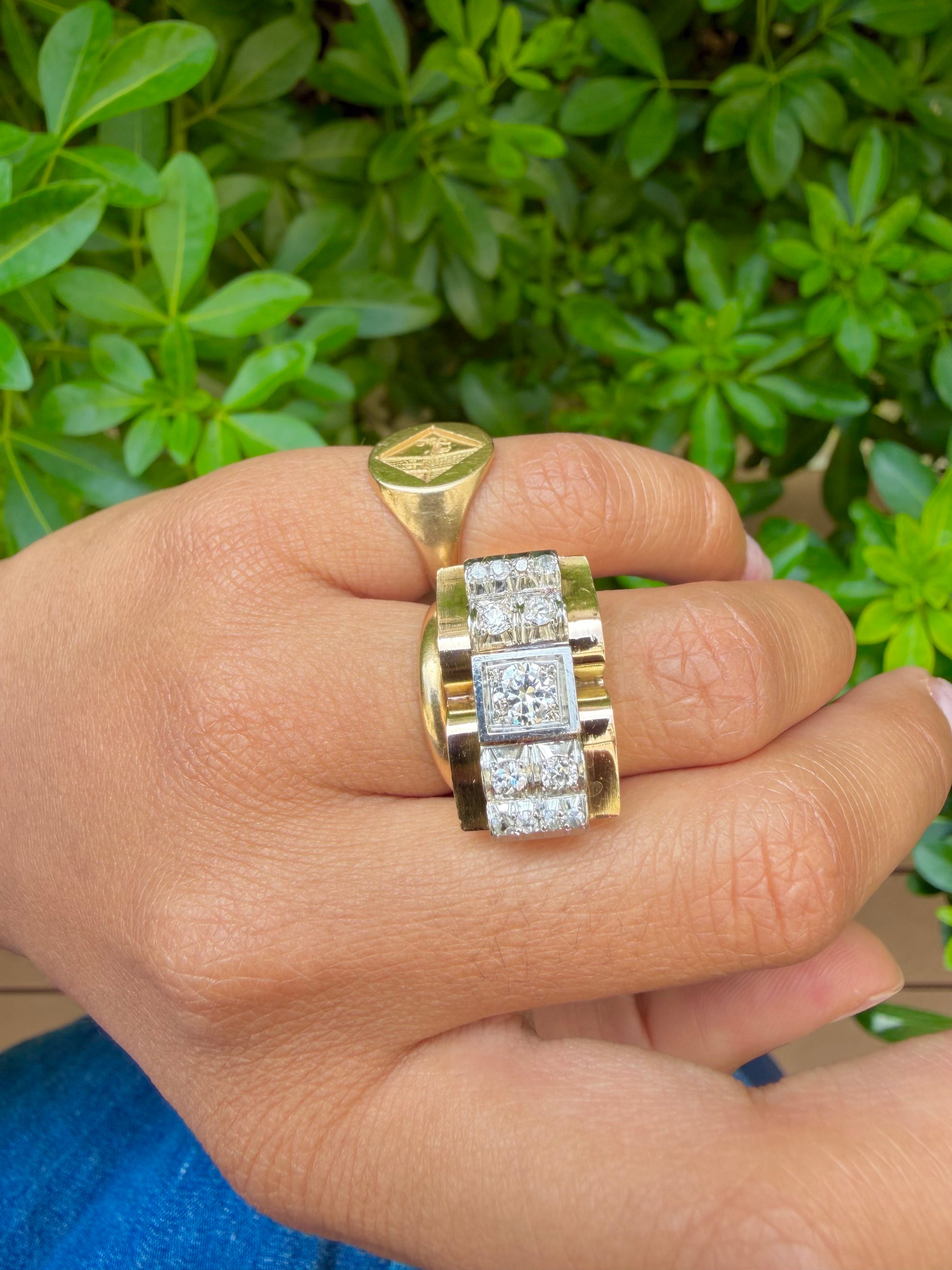 "Maxime" Bague Tank en or jaune, platine et diamants