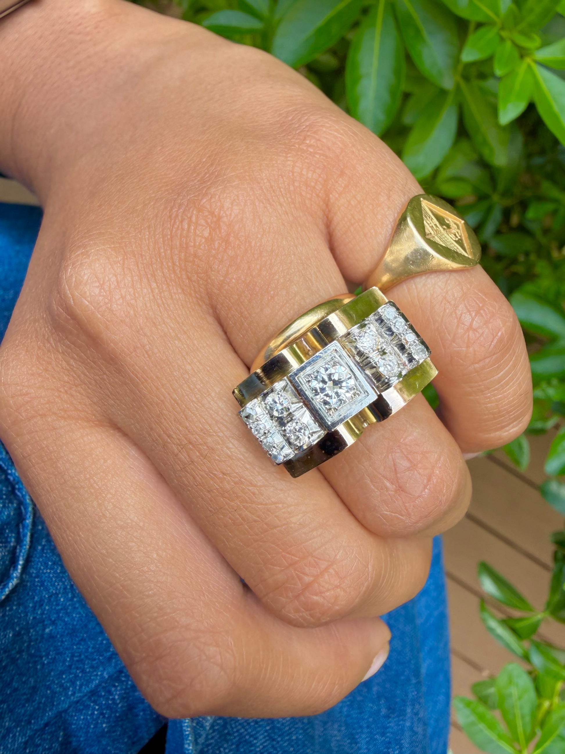 "Maxime" Bague Tank en or jaune, platine et diamants