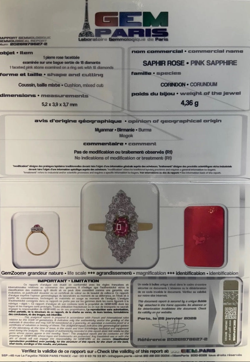 "Magdalena" Bague Marquise en or jaune saphir rose et diamants