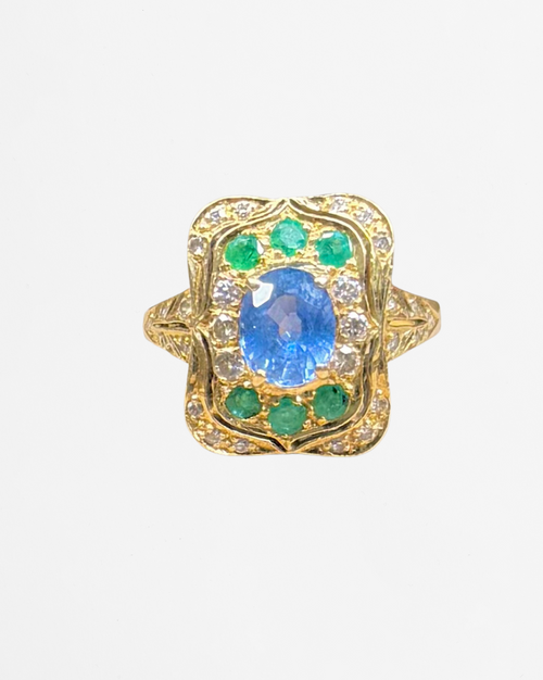 «Inès» Bague en or jaune, saphir, tanzanites et diamants