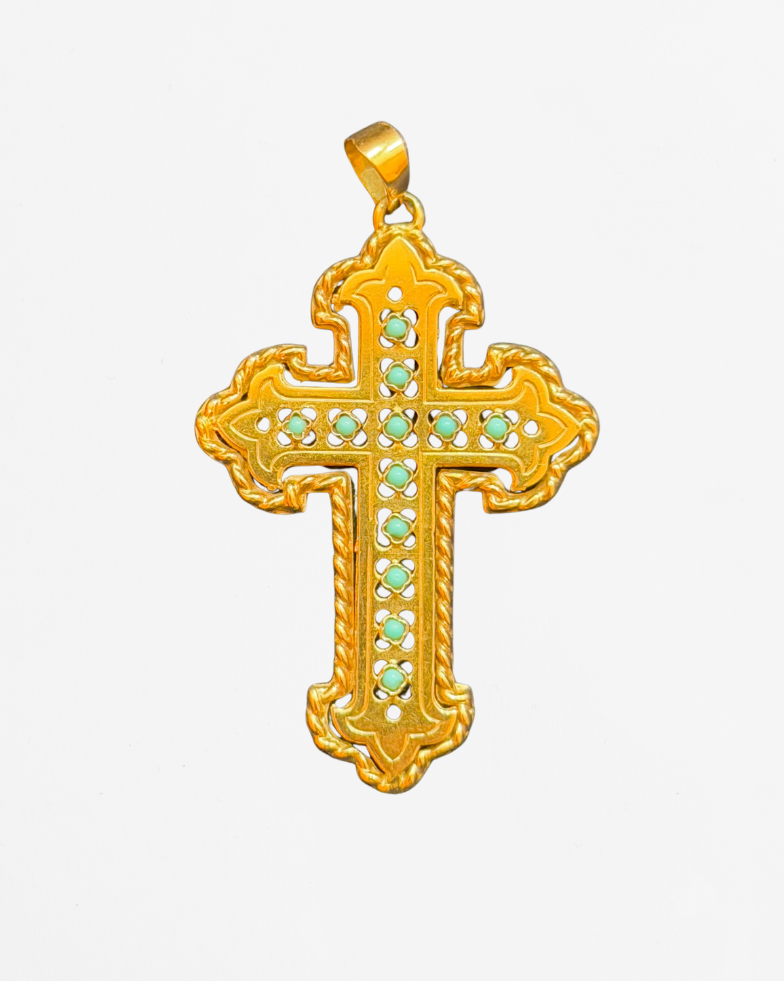 Croix en or jaune et turquoises